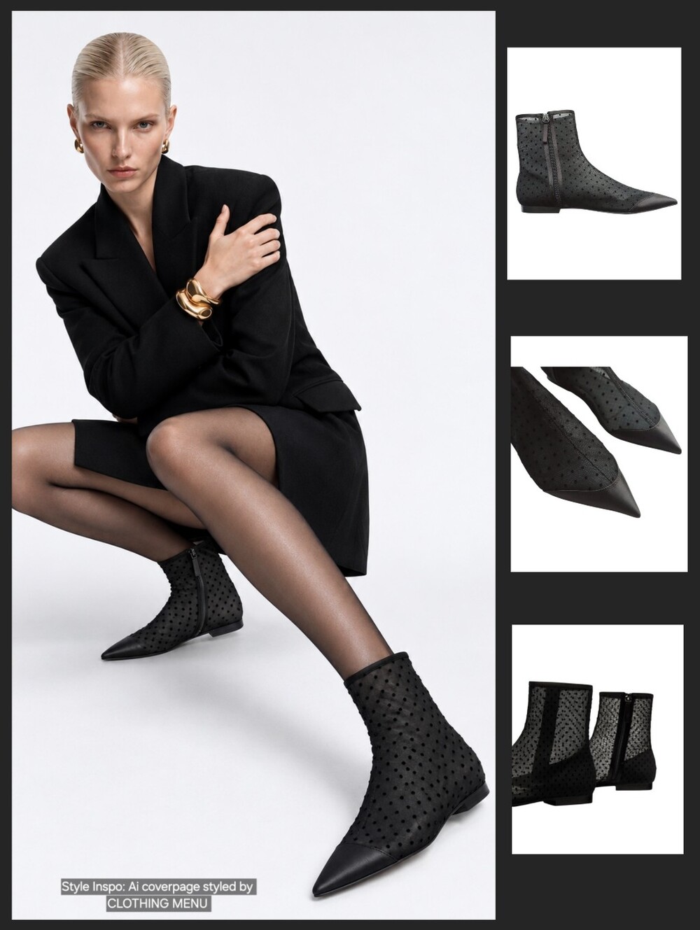 ZARA Black Micro Polka Dot Mesh Ankle Booties - Women's Size 39